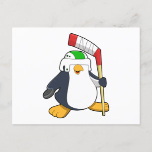 Cartão Postal Pinguim no hóquei no gelo com taco de hóquei no ge