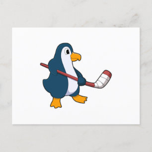 Cartão Postal Pinguim no hóquei no gelo com taco de hóquei no ge