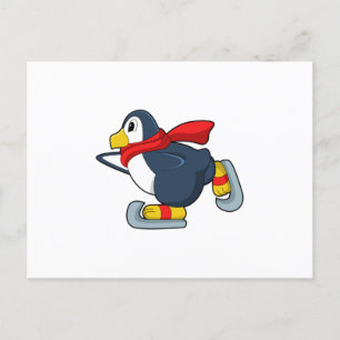 Cartão Postal Pinguim no patinação no gelo com patins de gelo.PN