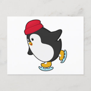 Cartão Postal Pinguim no patins no gelo com chapéu