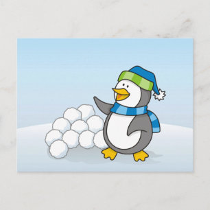 Cartão Postal Pinguim pequeno com bolas de neve acenando
