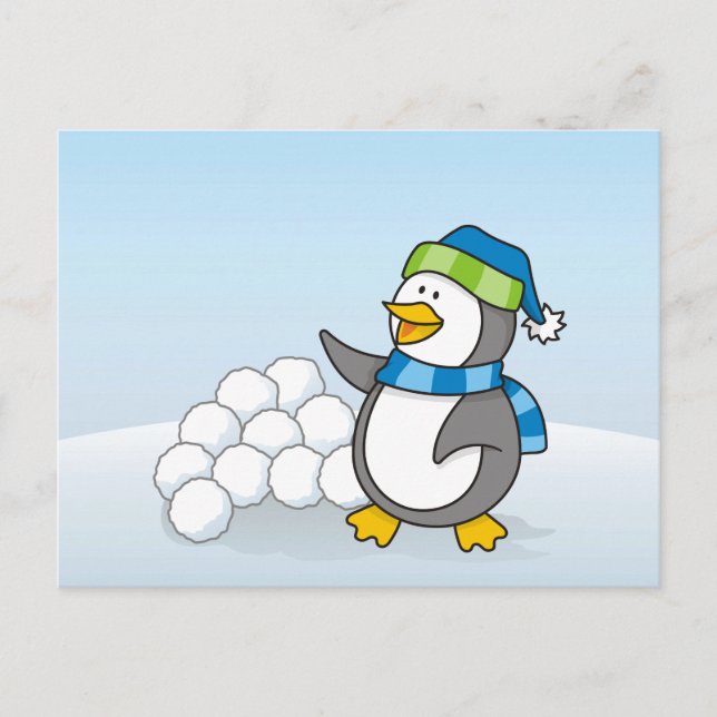 Cartão Postal Pinguim pequeno com bolas de neve acenando (Frente)