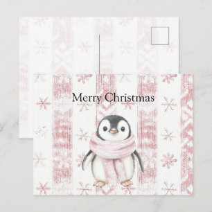 Cartão Postal Pinguim Rosa Flocos de Neve Natal