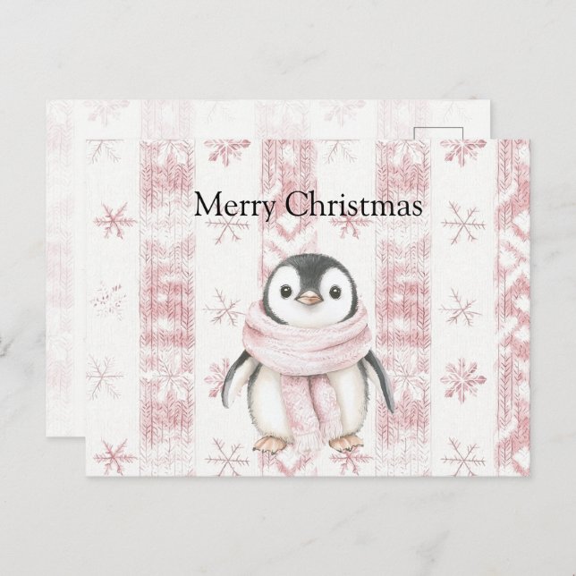 Cartão Postal Pinguim Rosa Flocos de Neve Natal (Frente/Verso)