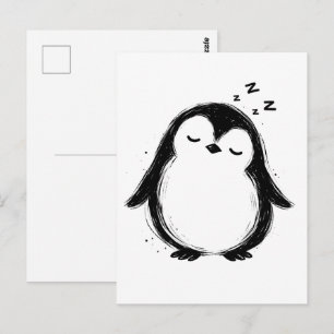 Cartão Postal Pinguim Sonolento Arte em Preto Pincelada em