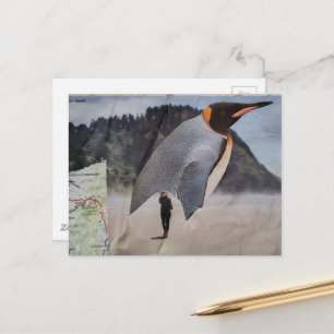 Cartão Postal Pinguim Surrealista na Colagem de Praia