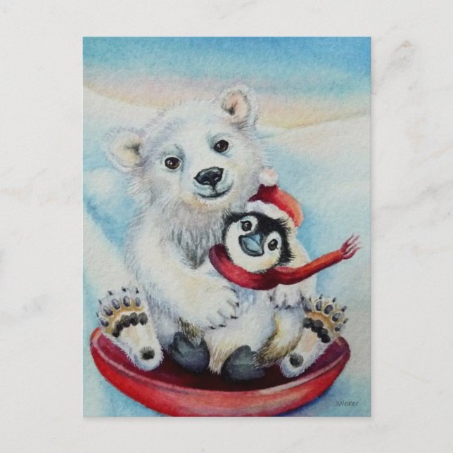 Cartão Postal Pinguim Whimsso e Arte Por Aquarela Do Urso Polar (Frente)