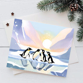 Cartão Postal Pinguins Aquarela de Inverno | Neve e Gelo Fofo