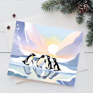 Cartão Postal Pinguins Aquarela de Inverno   Neve e Gelo Fofo