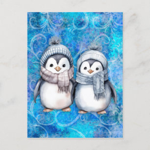Cartão Postal Pinguins de Aquarela Azul de Inverno com Cachecóis