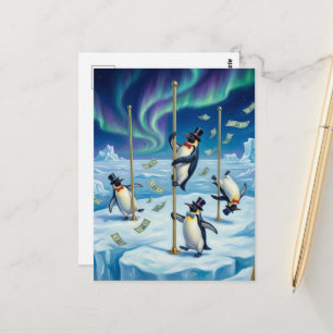 Cartão Postal Pinguins Engraçados Dançando no Polo Norte Chovend