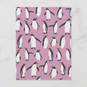 Cartão Postal Pinguins na neve em fundo roxo