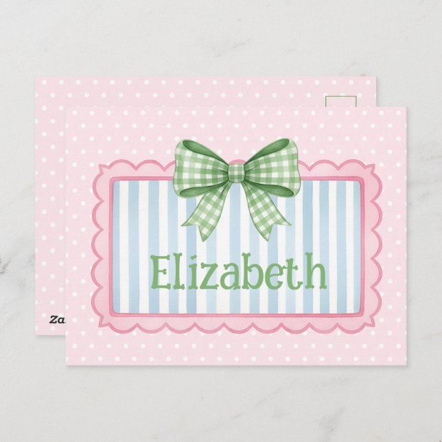 Cartão Postal Pink and Blue Frame With Green Gingham Bow (Frente/Verso)