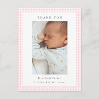 Cartão Postal Pink and white Gingham Girl Birth Announcement