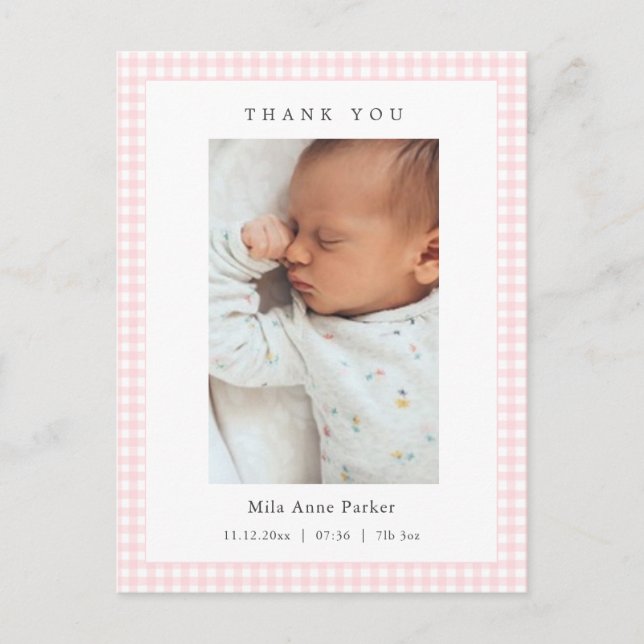 Cartão Postal Pink and white Gingham Girl Birth Announcement (Frente)