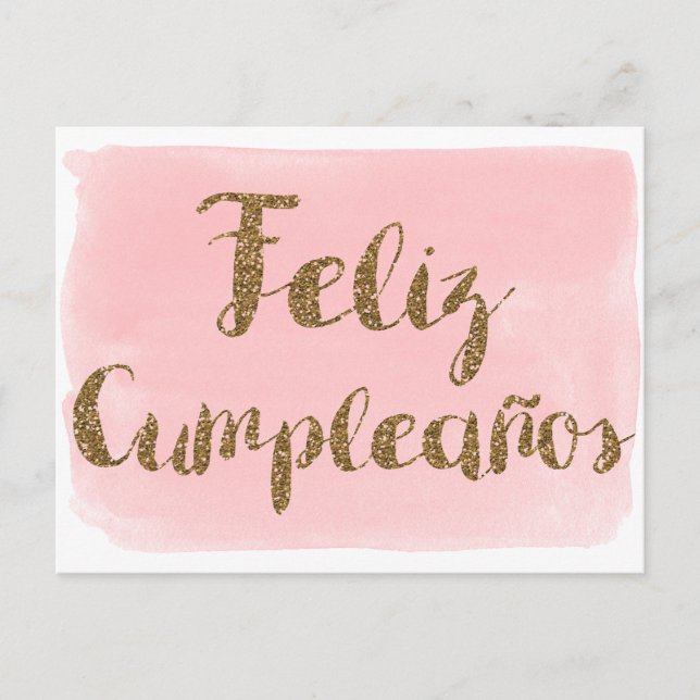 Cartão Postal Pink Aquarela Dourado Brilho Feliz Cumpleanos (Frente)