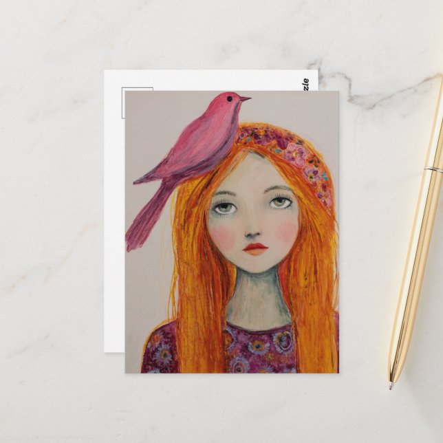 Cartão Postal Pink Bird in her Hair (Frente/Verso In Situ)