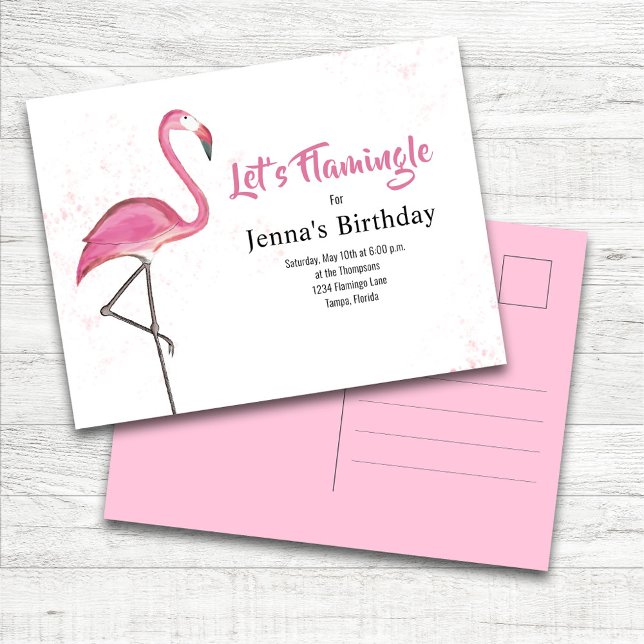 Cartão Postal Pink Birthday Party Cute Flamingo Custom (Pink Flamingo "Let's Flamingle" Birthday Party Invitation Postcard Template.)