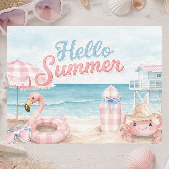 Cartão Postal Pink Blue Gingham Hello Summer Beach Coastal (Criador carregado)