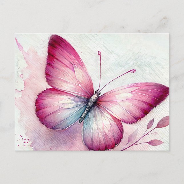 Cartão Postal Pink Butterfly Botanical Watercolor (Frente)