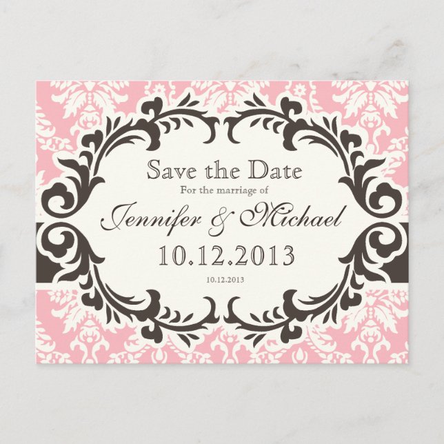Cartão postal Pink Damask Save the Date (Frente)