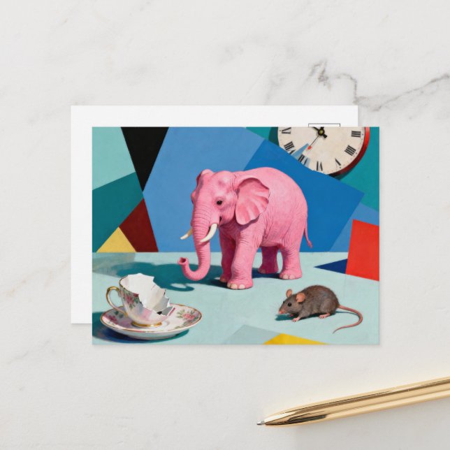 Cartão Postal Pink Elephant Mouse Broken Teacup Clock Surreal (Frente/Verso In Situ)