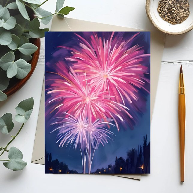 Cartão Postal Pink Fireworks | Happy New Year Watercolor (Criador carregado)