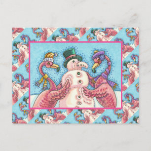 CARTÃO POSTAL PINK FLAMINGOS FAZEM NEVE, PÁSSAROS DE NATAL ENGR