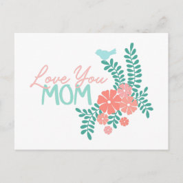 Cartão Postal Pink flowers and blue birds love you mom text
