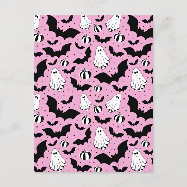Cartão Postal Pink ghosts, bats and pumpkins (Frente)
