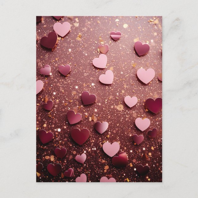 Cartão Postal pink hearts on a pink and golden glitter ground (Frente)