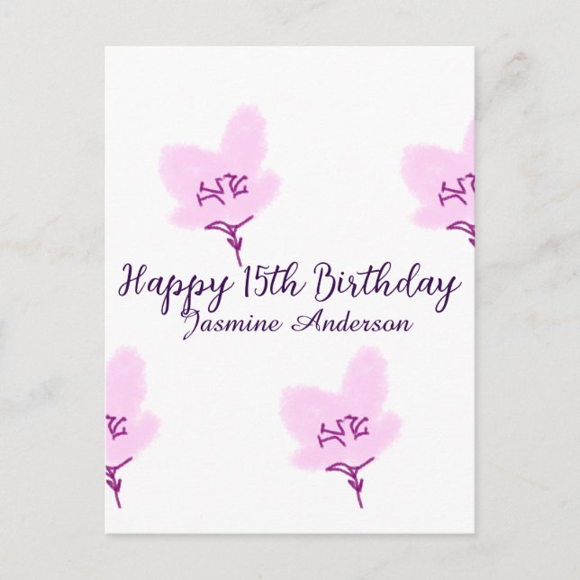 Cartão Postal Pink mauve floral 15th birthday quinceanera name d (Frente)