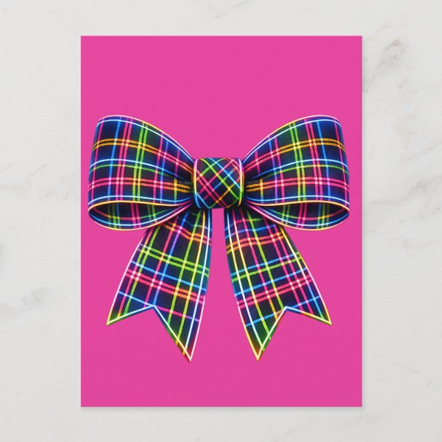 Cartão Postal Pink Neon Bow Tartan Ribbon Scottish Cute (Frente)