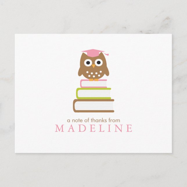Cartão Postal Pink Owl Kindergarten Graduação Obrigado (Frente)