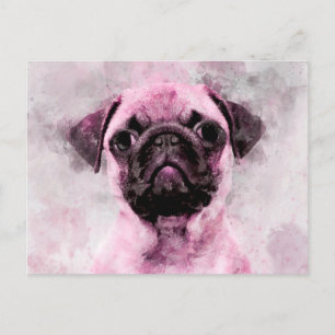Cartão Postal Pink Pug Dog Watercolor Retrato 02
