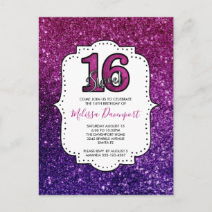 Cartão Postal Pink & Purple Sweet 16 Brilho Glitter Gemstones