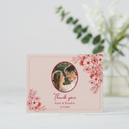 Cartão Postal Pink Red Floral Wedding Thank You