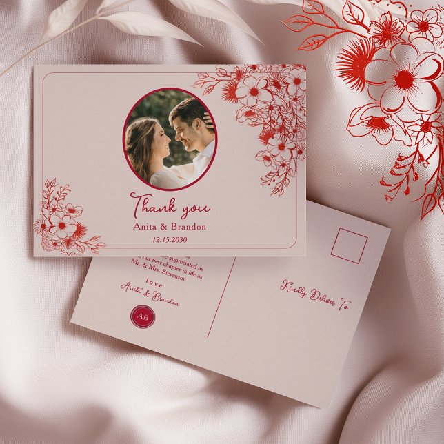Cartão Postal Pink Red Floral Wedding Thank You (Criador carregado)