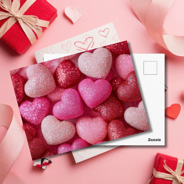 Cartão Postal Pink Red Glitter Hearts Valentine`s Day Card  (Criador carregado)