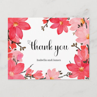 Cartão Postal Pink & Red Watercolor Floral Thank you