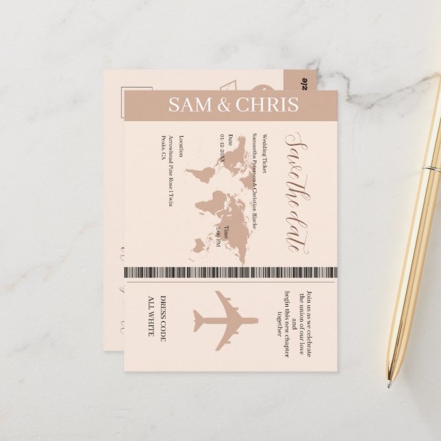 Cartão Postal Pink Salmon Boarding Pass World Map Travel (Frente/Verso In Situ)