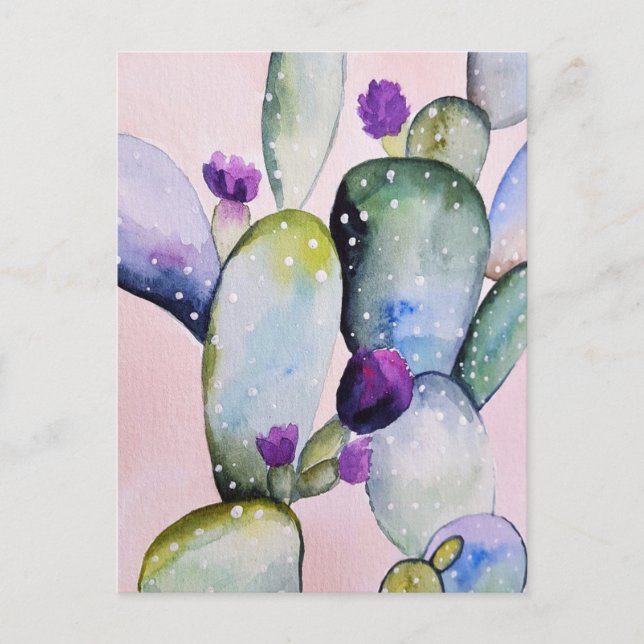 Cartão Postal Pink Southwest Cactus Purple Flower Watercolor Art (Frente)