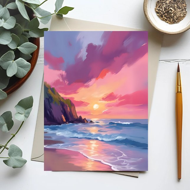 Cartão Postal Pink Sunset Ocean Beach Waves Watercolor (Criador carregado)