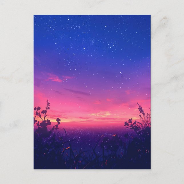 Cartão Postal Pink Twilight Starry Night Meadow (Frente)