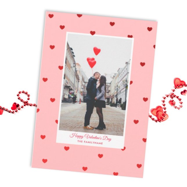 Cartão Postal Pink Valentine’s Day photo card with red hearts (A Valentine's Day Postcard to send your love with a tiny pinch of vintage romance)