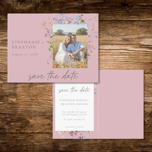 Cartão Postal Pink Wildflower Garden Elegant Photo Save the Date (Pink Wildflower Garden Elegant Photo Save the Date Postcard)