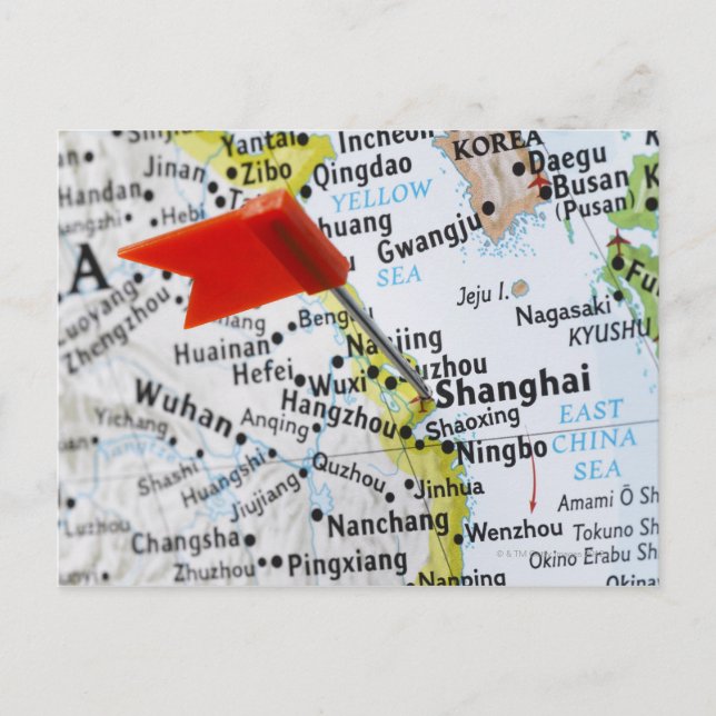 Cartão Postal Pino do mapa colocado em Xangai, China no mapa. (Frente)