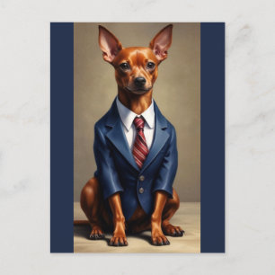 Cartão Postal Pinscher Miniatura Vermelho Vestindo Terno e Grava