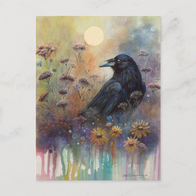 Cartão Postal Pintado à Mão Raven com Flores Selvagens (Frente)
