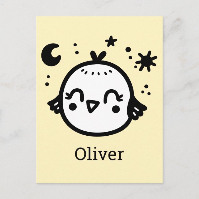 Cartão Postal Pintinho alegre - Arte da Linha de Pássaros Kawaii (Frente)